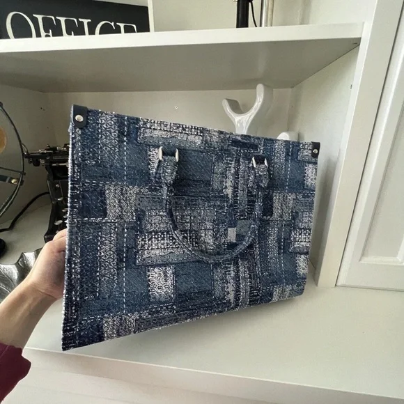 FION Oil Painting Jacquard with Leather Tote Bag Navy Blue Purse BRAND NEW - Picture 6 of 13